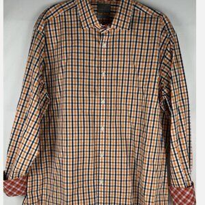 Thomas Dean Orange Blue Plaid Flip Cuff Shirt Mens XXL Checked Cotton